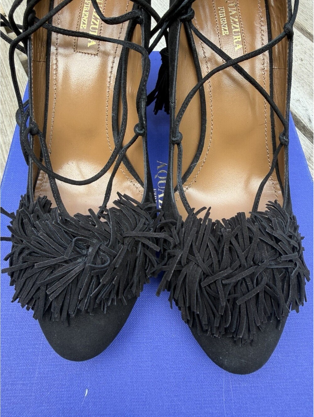 Aquazzura 3.5” High Black Suede Almond Toe Zip Strappy Fringe Tassel Heels US 8